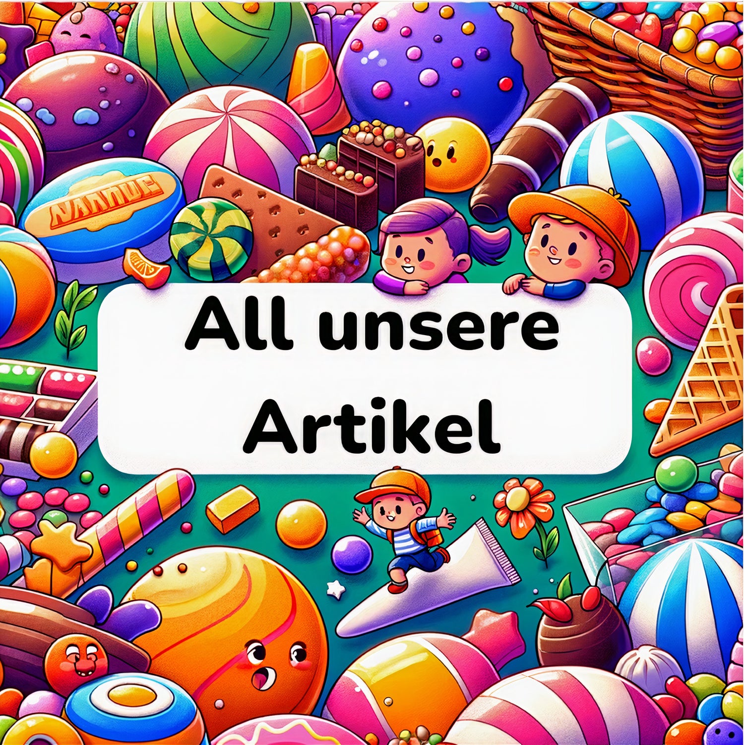 Buntes Bild von 'All unsere Artikel' mit einer vielfältigen Auswahl an gezeichneten Süßigkeiten und Snacks, umgeben von fröhlichen Charakteren, ideal für eine Kategorie-Übersicht in einem Online-Süßwarenladen.