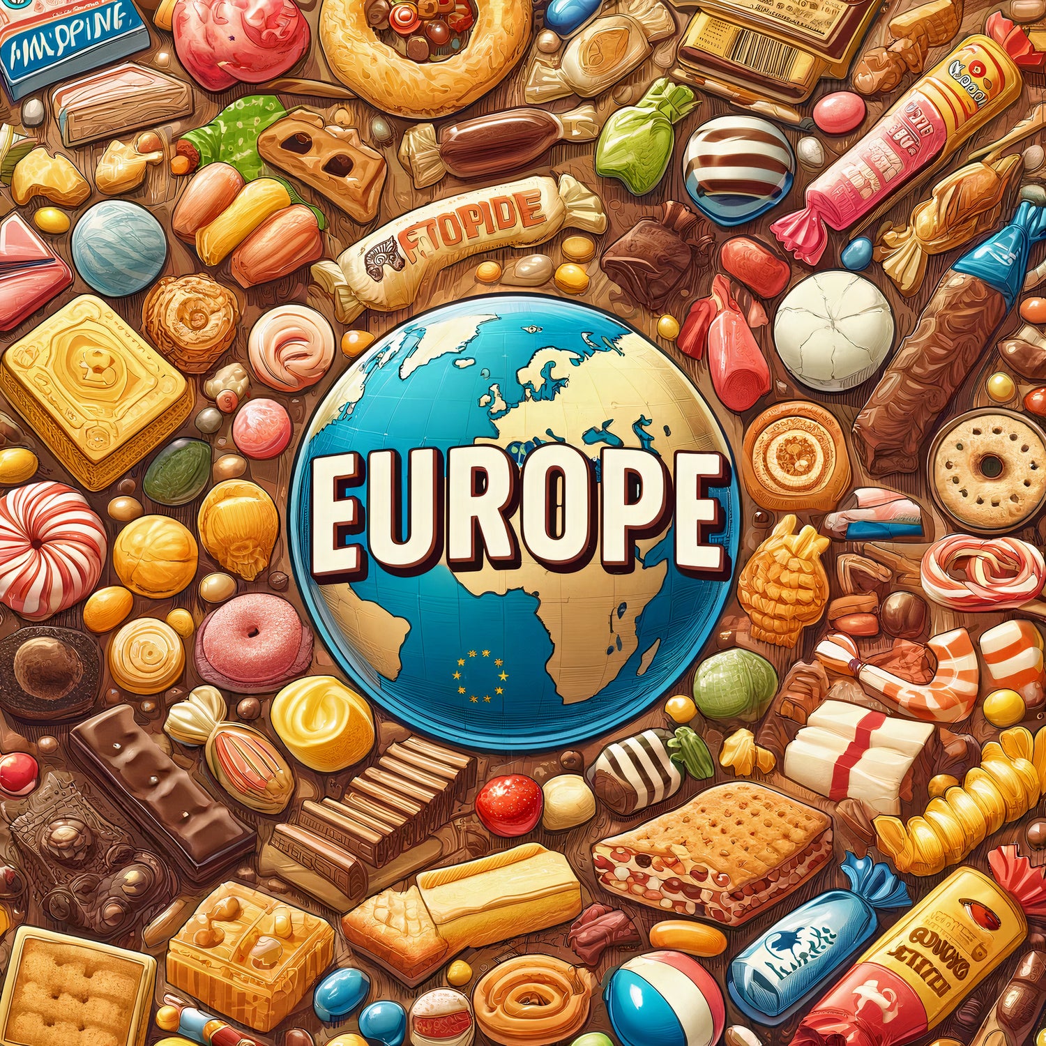 Vielfältige Sammlung beliebter europäischer Süßigkeiten und Snacks, umgeben von einer Weltkugel mit Europa im Fokus, mit der Überschrift 'EUROPE' darüber.