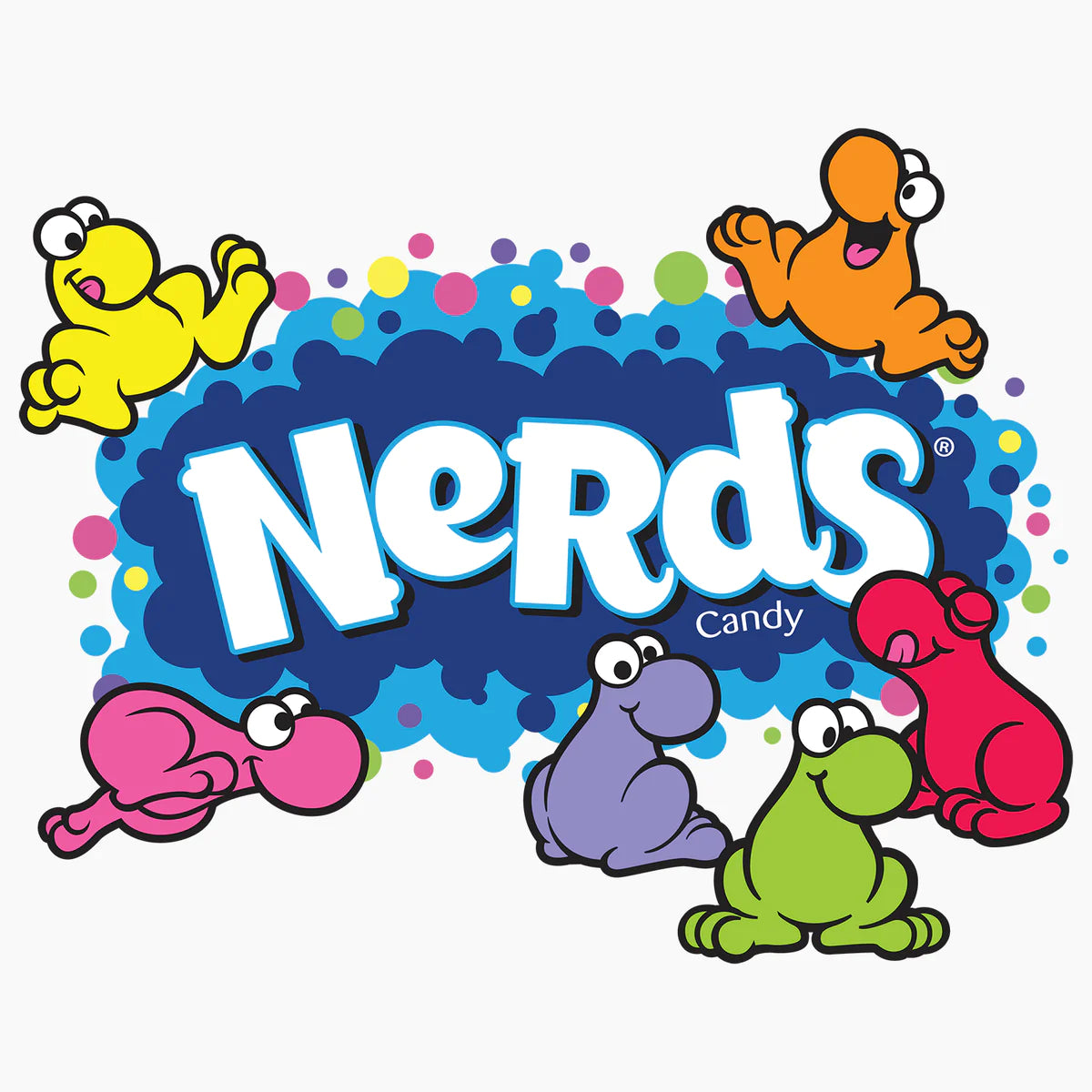 Nerds logo mit kleinen figuren ohne arme und hände nur mit beinen und füßen in verschiedenen farben springend um das logo herum 