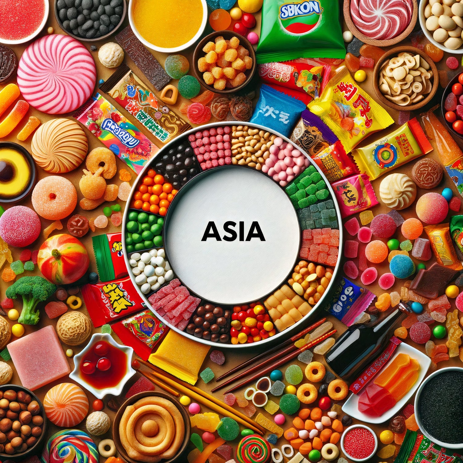 Buntes Sortiment asiatischer Süßigkeiten und Snacks, die ein vielfältiges und reichhaltiges Angebot aus verschiedenen asiatischen Ländern repräsentieren, mit 'ASIA' in der Mitte.