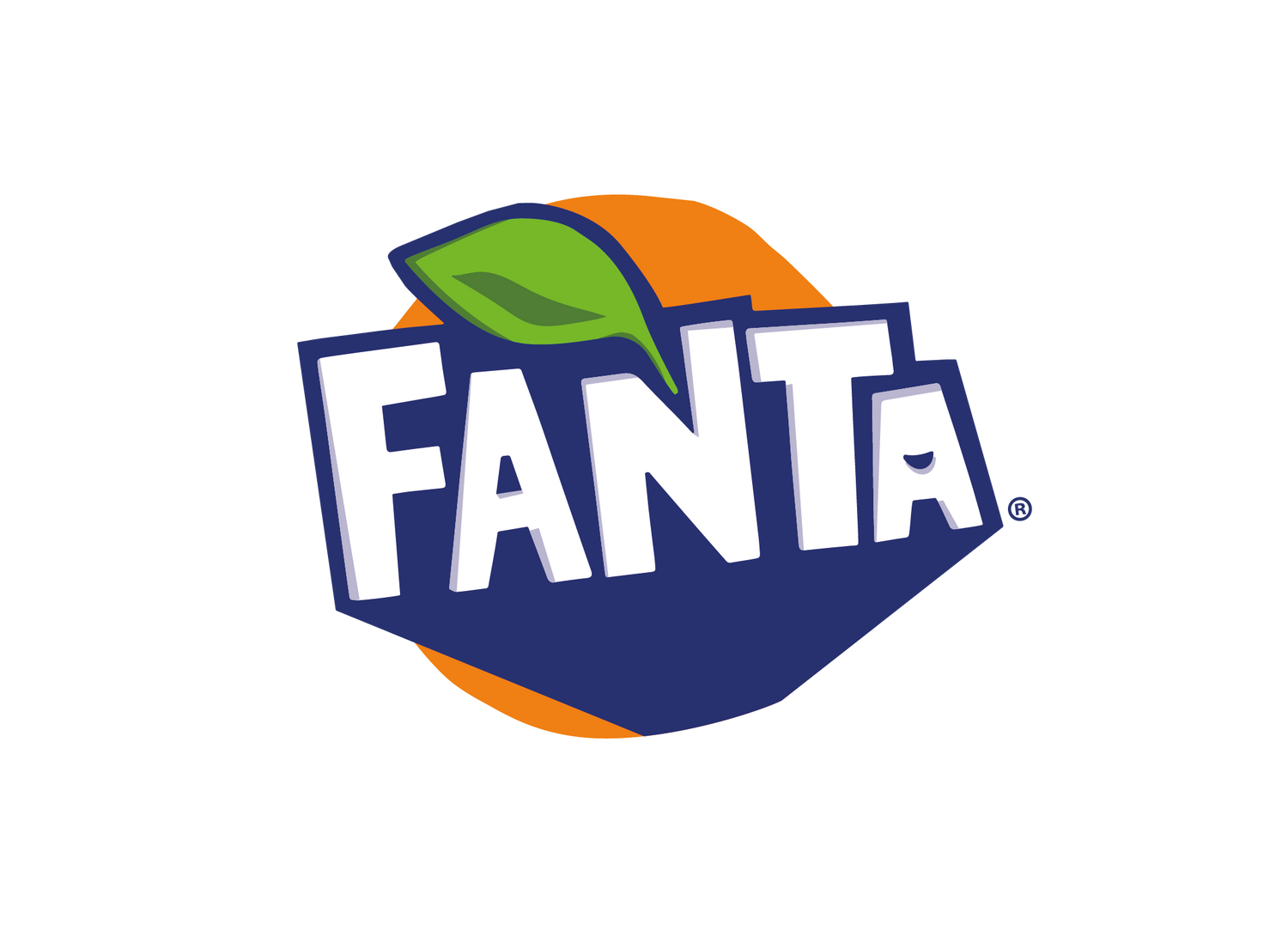 Fanta logo von vorne in den farben blau weiß mit einem grün blat und hinter der schrift ein orangener kreis