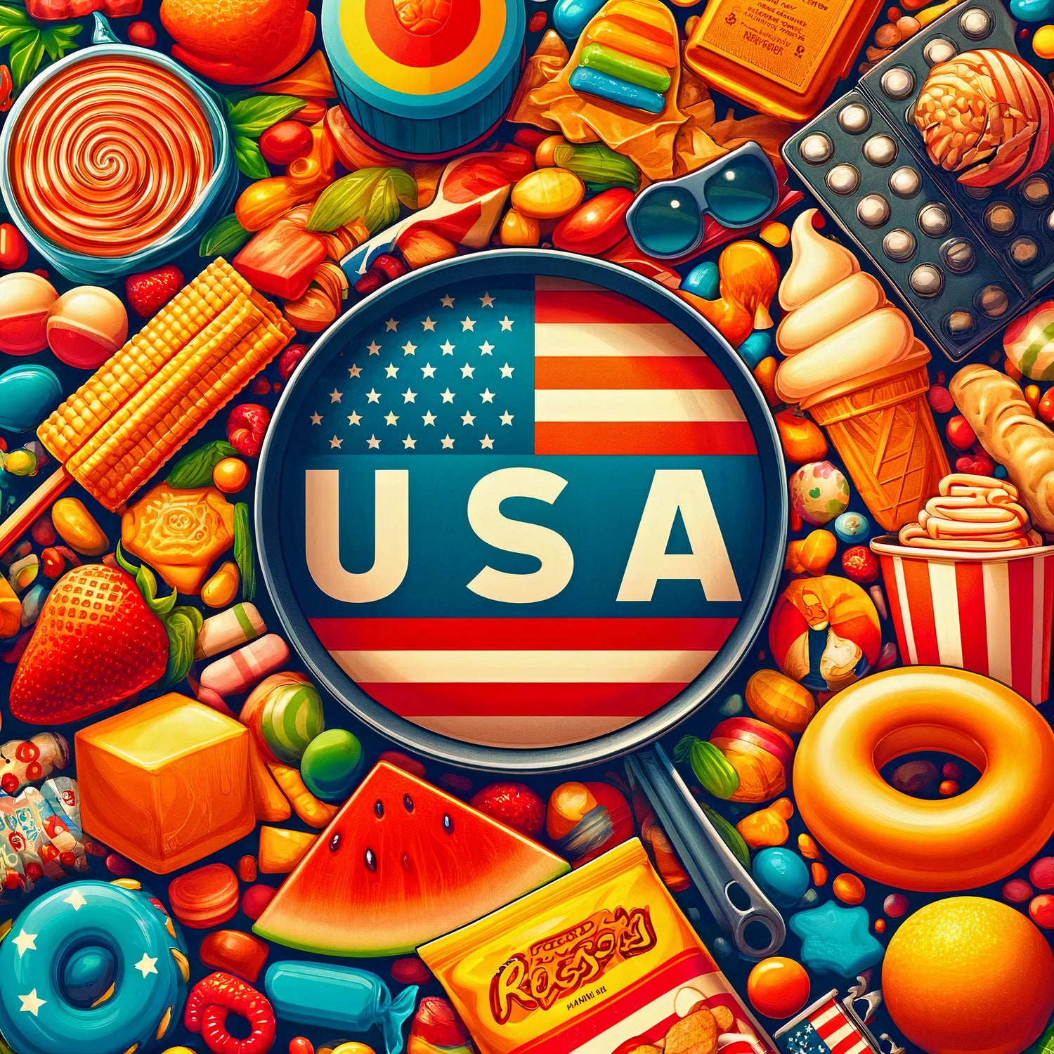 Auswahl klassischer amerikanischer Süßigkeiten und Snacks in lebendigen Farben mit der US-Flagge und der Aufschrift 'USA' zentral platziert.