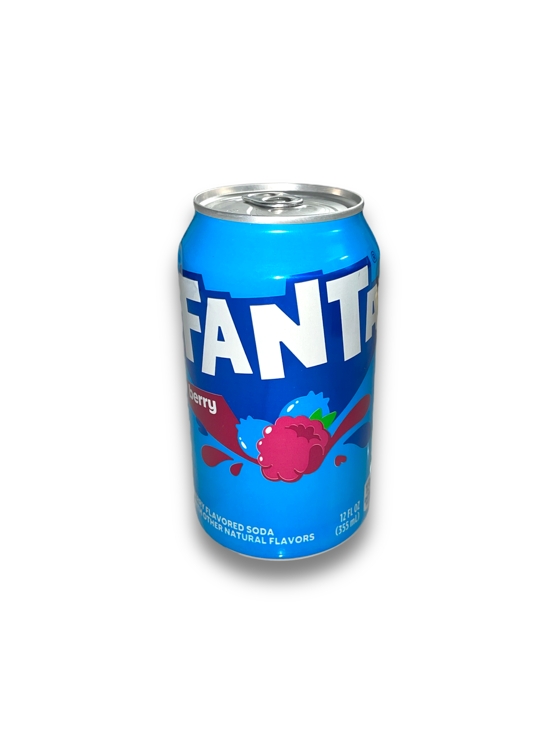 Fanta Berry 355ml Vorderseite blaue Dose mit Fanta Beschriftung und Beeren Abbildung