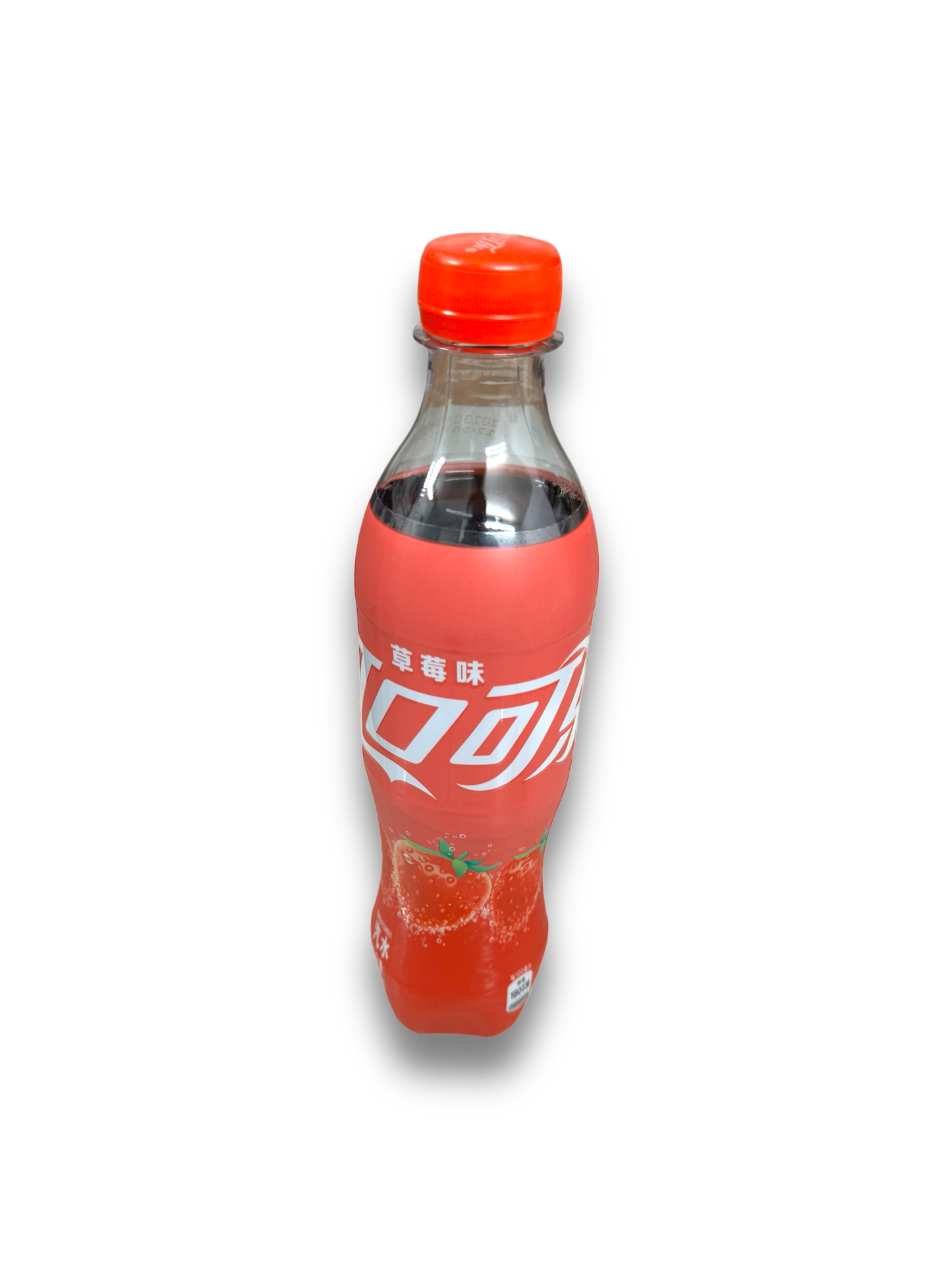 Coca Cola Strawberry 500ml Vorderseite Flasche mit chinesischer Schrift und Erdbeere Abbildung 