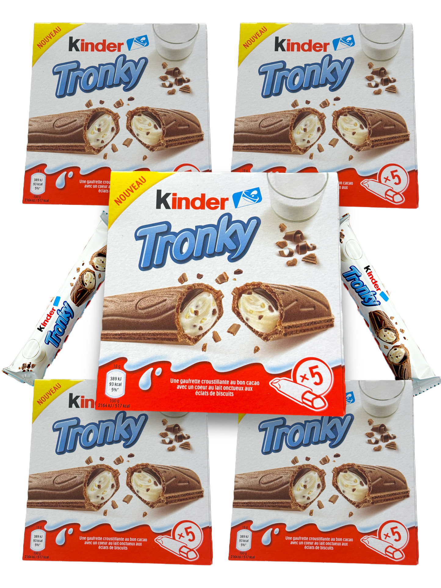 Kinder Tronky 5er Pack – Vorderseite 5 bunte Verpackungen mit bunter Schrift und Bild Schokoriegel