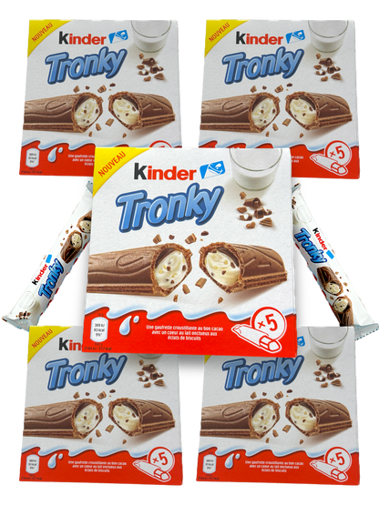 Kinder Tronky 5er Pack – Vorderseite 5 bunte Verpackungen mit bunter Schrift und Bild Schokoriegel