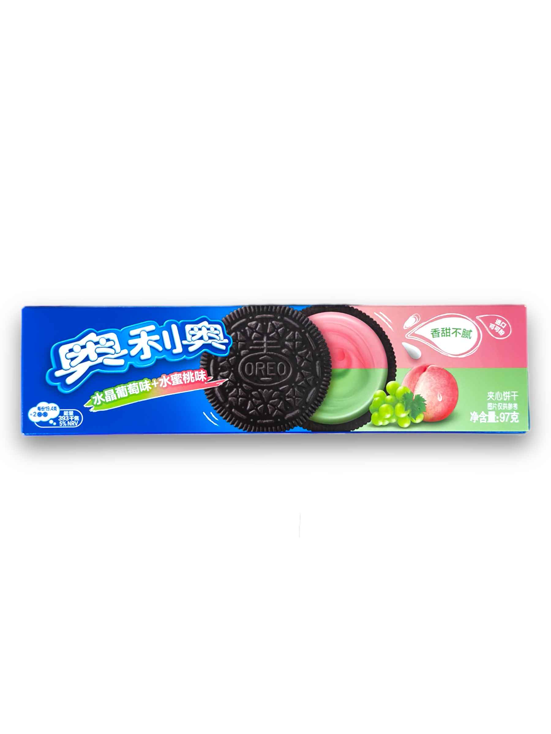 Oreo Double Fruit Crystal Grape & Peach 97g Vorderseite blaue Verpackung mit Oreo Cookies Abbildung 