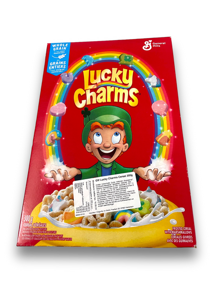 Lucky Charms Cereals 300g Vorderseite rote Verpackung mit gelber Schrift und Bild Marshmallowcereals