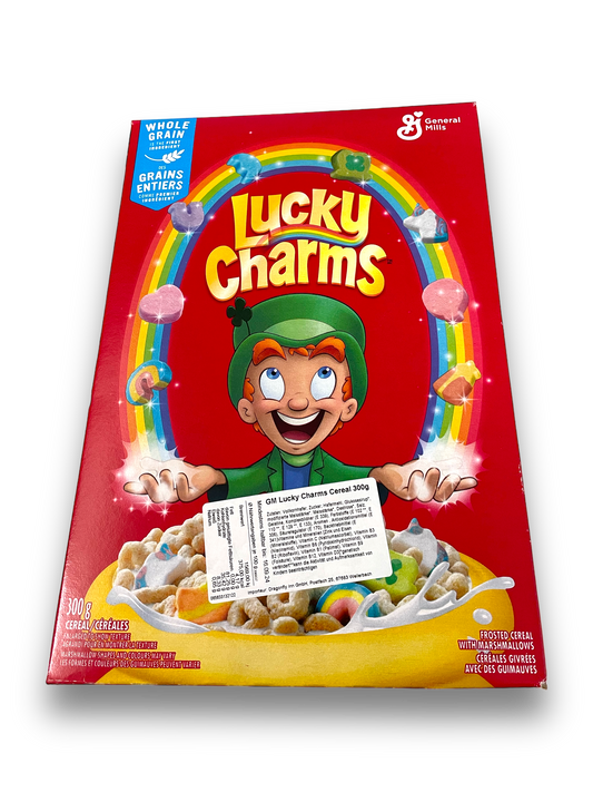 Lucky Charms Cereals 300g Vorderseite rote Verpackung mit gelber Schrift und Bild Marshmallowcereals