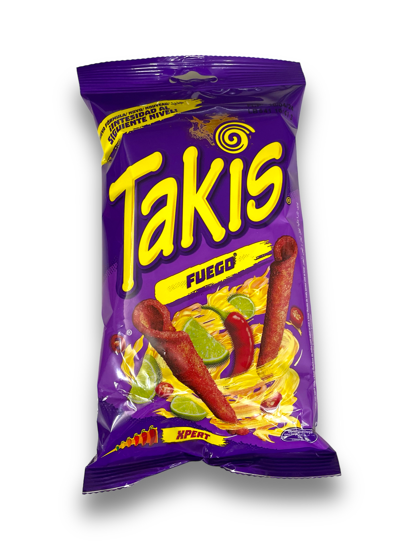 Takis Fuego 90g blaue Tüte mit gelber Schrift Vorderseite auf weißem Hintergrund 