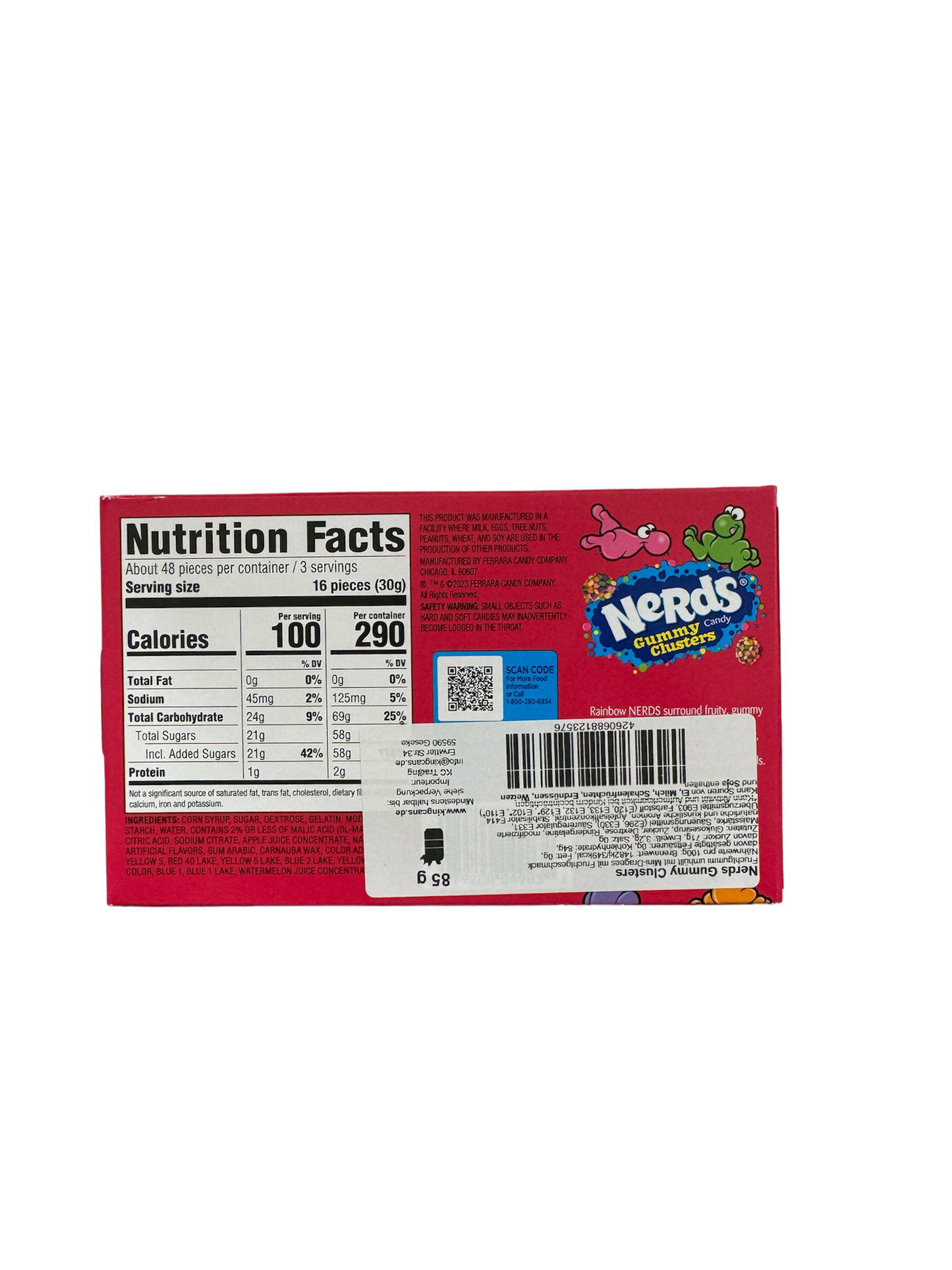 Nerds Gummy Cluster 85g Rückseite rote Verpackung mit Produktetikett auf weißem Hintergrund