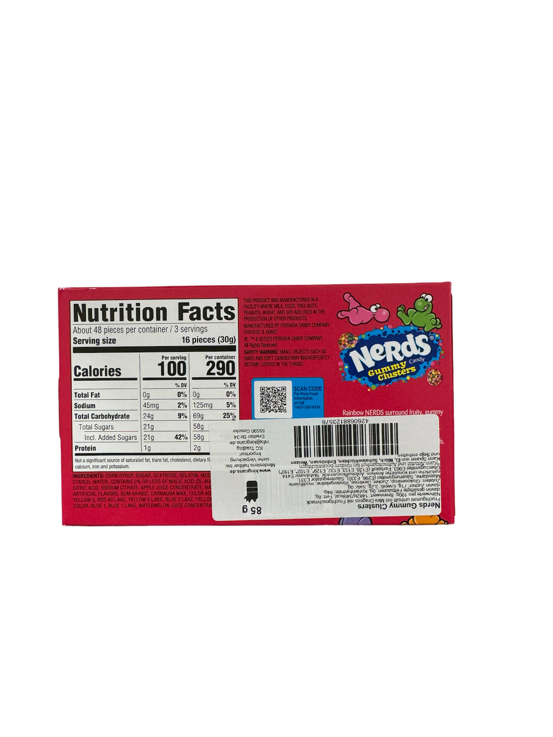 Nerds Gummy Cluster 85g Rückseite rote Verpackung mit Produktetikett auf weißem Hintergrund