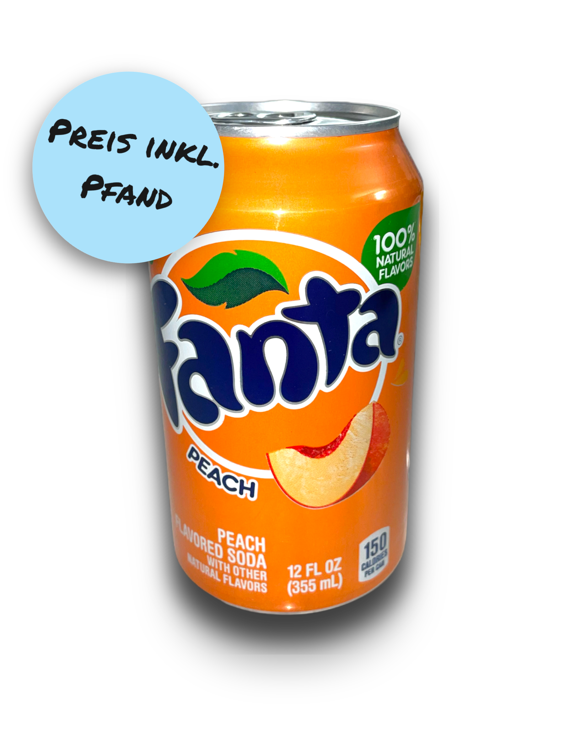 Fanta Peach USA 355ml Vorderseite orangene Dose mit Fanta Beschriftung und Pfirisch Abbildung