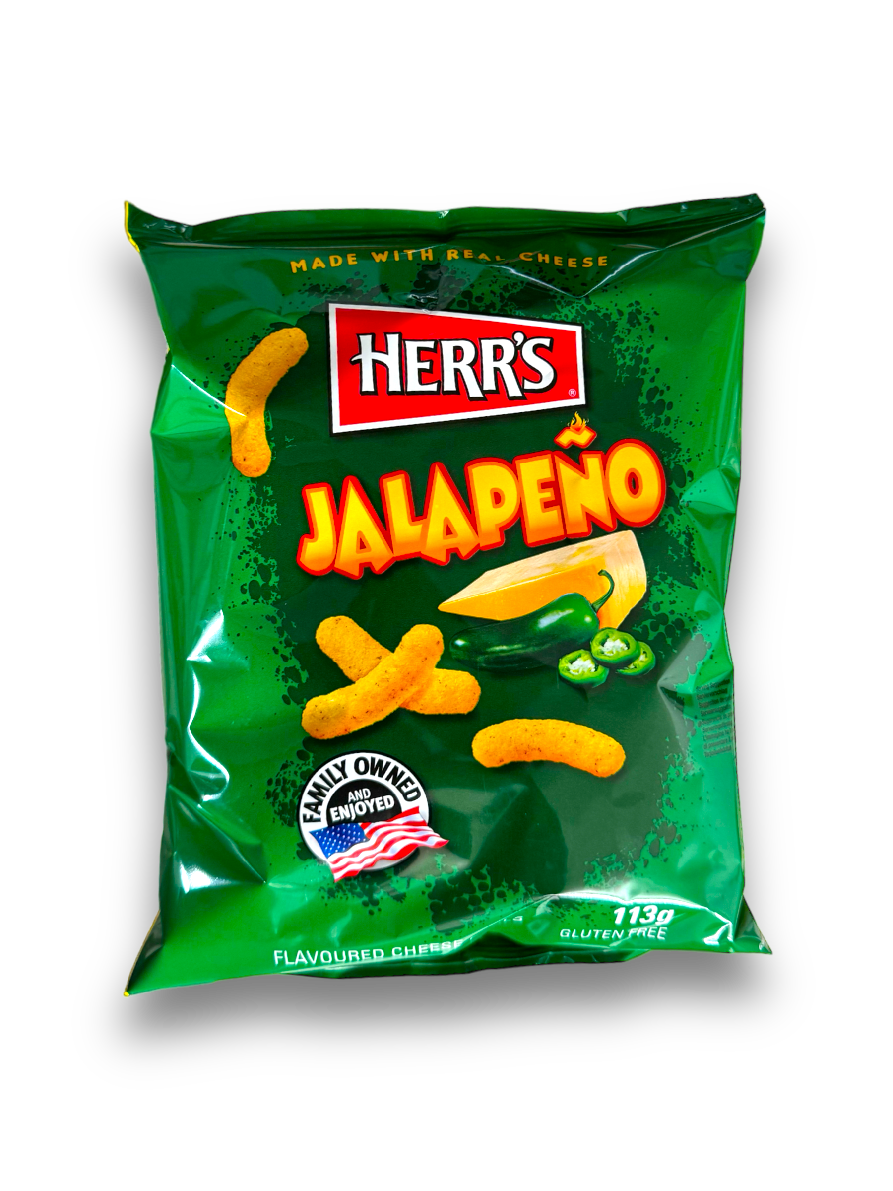 Herr‘s Jalapeño Flavored Baked Cheese Curls 113g Vorderseite grüne Verpackung mit Produktabbildung