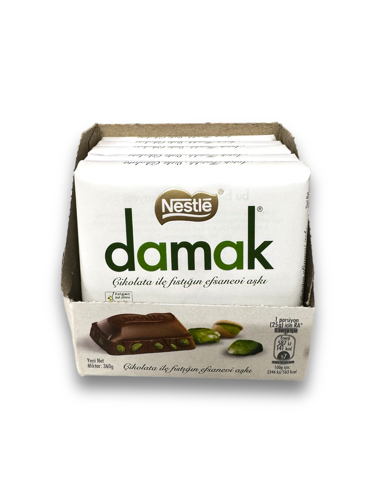 Nestle Damak Milk Chocolate Pistazie 60g Vorderseite weiße Verpackung auf weißem Hintergrund