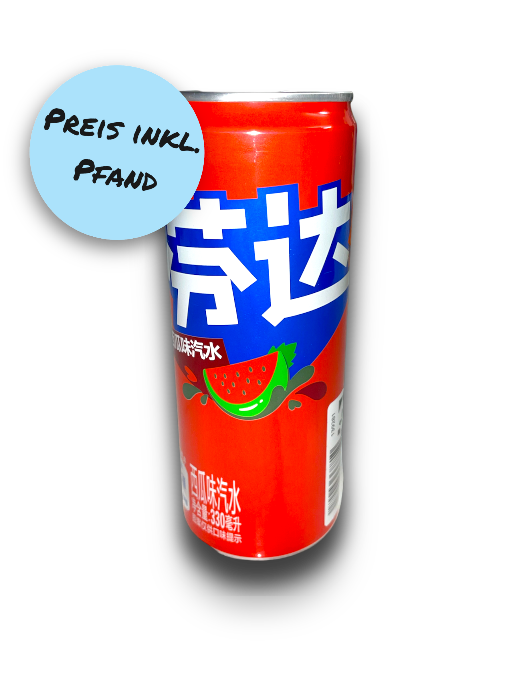 Fanta Watermelon China 330ml Vorderseite rote Dose mit chinesischer Schrift und Wassermelonen Bild