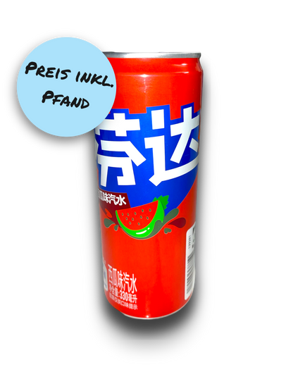 Fanta Watermelon China 330ml Vorderseite rote Dose mit chinesischer Schrift und Wassermelonen Bild