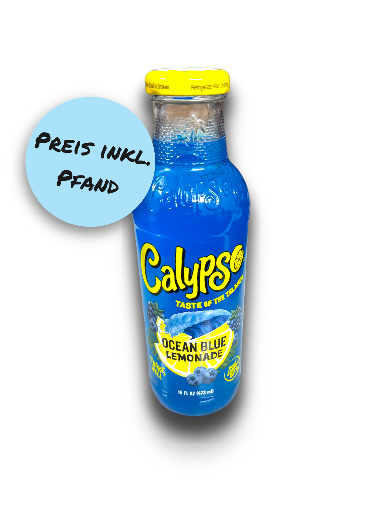 Calypso Ocean Blue Glasflasche 473ml mit weißem Inhalt Vorderseite mit gelber Schrift