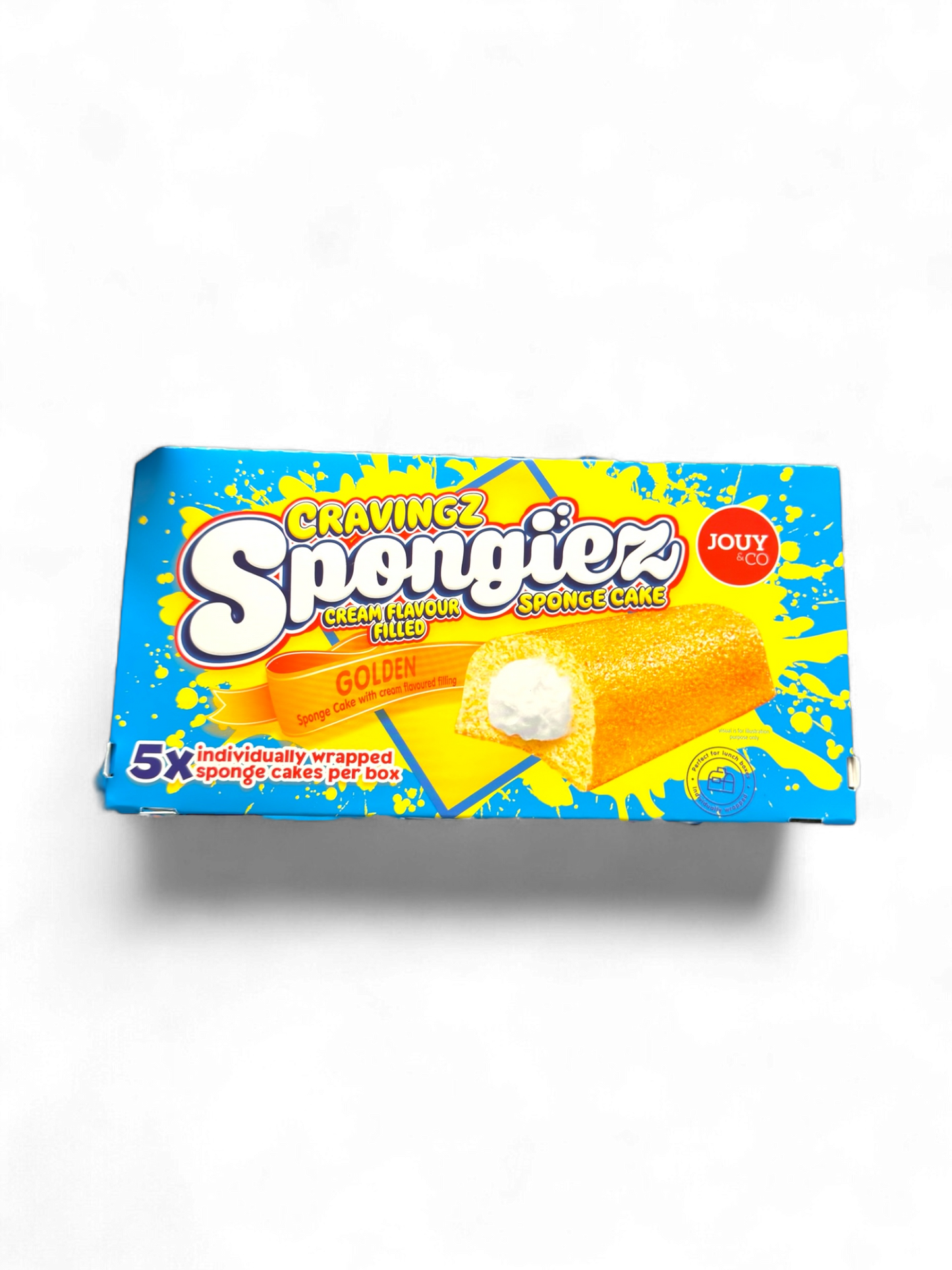 Goldenspongecake mit Cremefüllung von Spongiez – 5 einzeln verpackte Kuchenstücke pro Box, ideal für unterwegs.