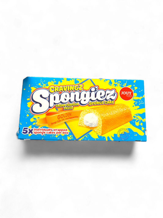 Goldenspongecake mit Cremefüllung von Spongiez – 5 einzeln verpackte Kuchenstücke pro Box, ideal für unterwegs.