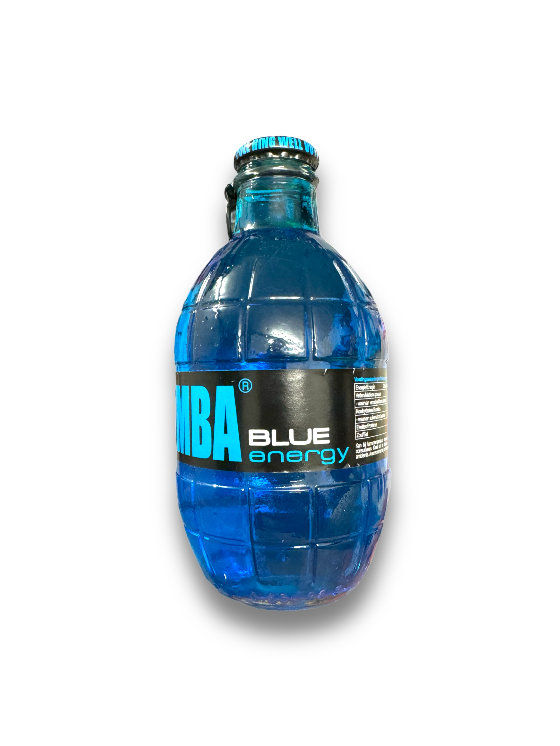 Bomba Blue Energy 250ml von der Seite dargestellt, auf Weißem Hintergrund blaue Flasche