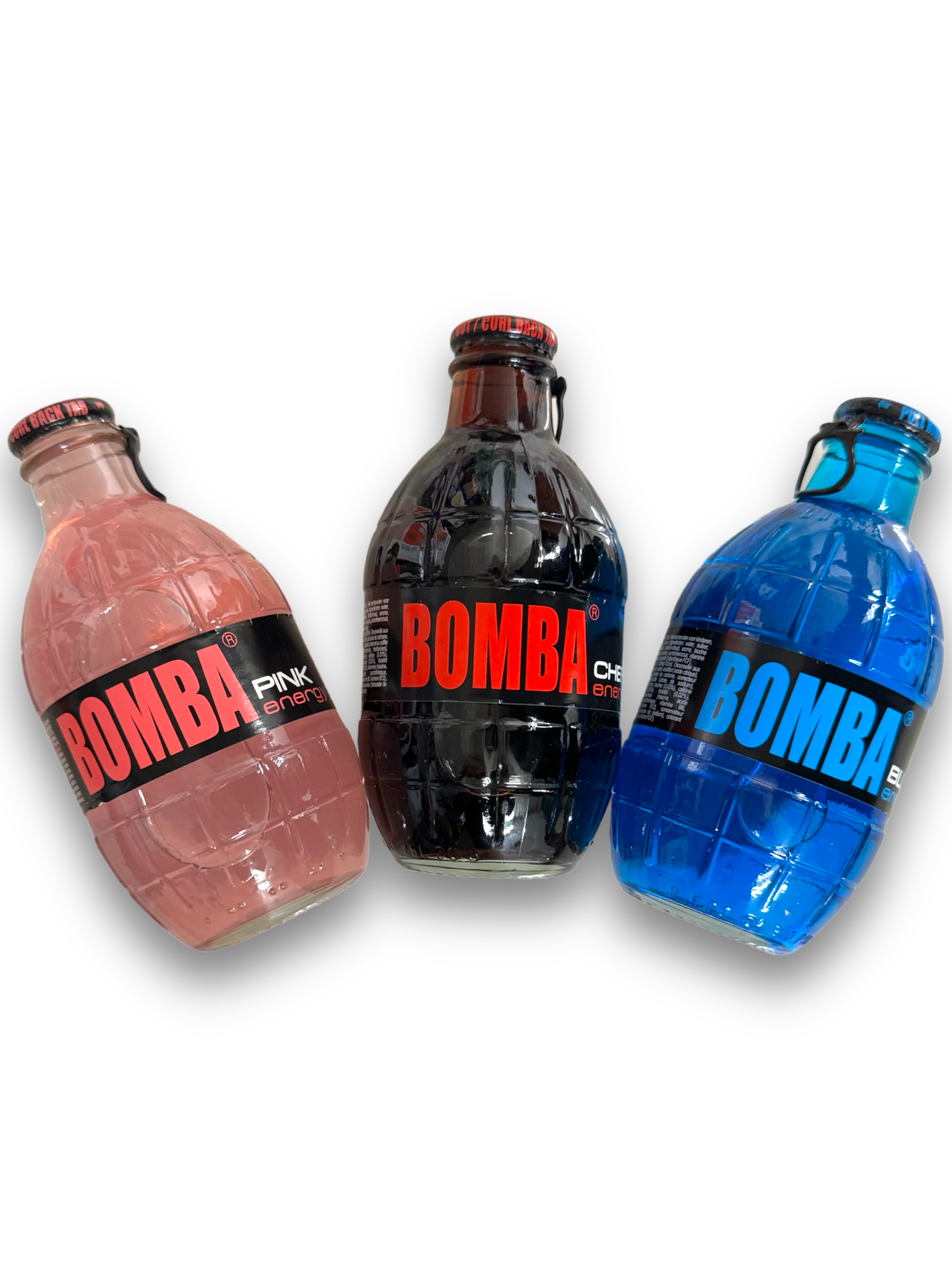 Bomba Energy Actions Bundle alle 3 Bomba Energy 250ml ganz links Pink mittig Cherry Rechts Blau