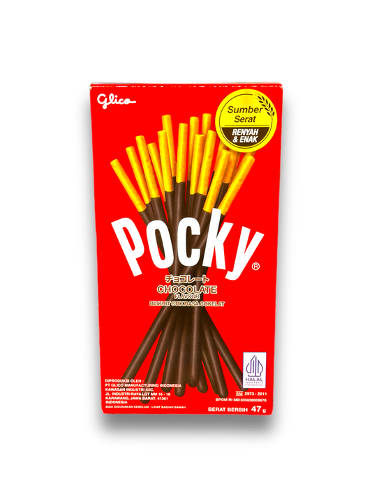 Pocky Chocolate 47g Vorderseite rote Verpackung mit weißer Schrift und Schokostäbchen Abbildung