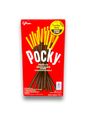 Pocky Chocolate 47g Vorderseite rote Verpackung mit weißer Schrift und Schokostäbchen Abbildung