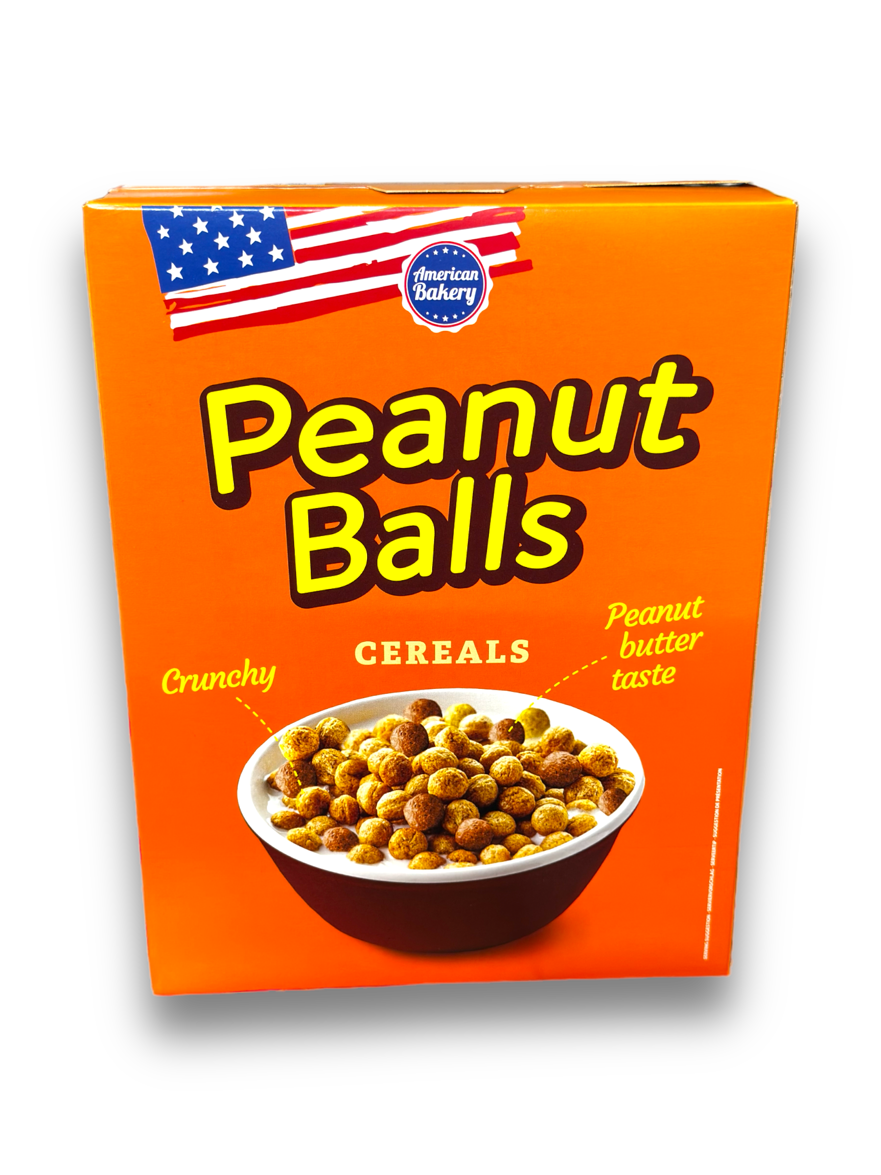 Frontansicht der Peanut Balls Cereals Schachtel mit Produktbezeichnung und Schale mit Cerealien.