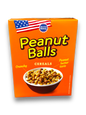 Frontansicht der Peanut Balls Cereals Schachtel mit Produktbezeichnung und Schale mit Cerealien.