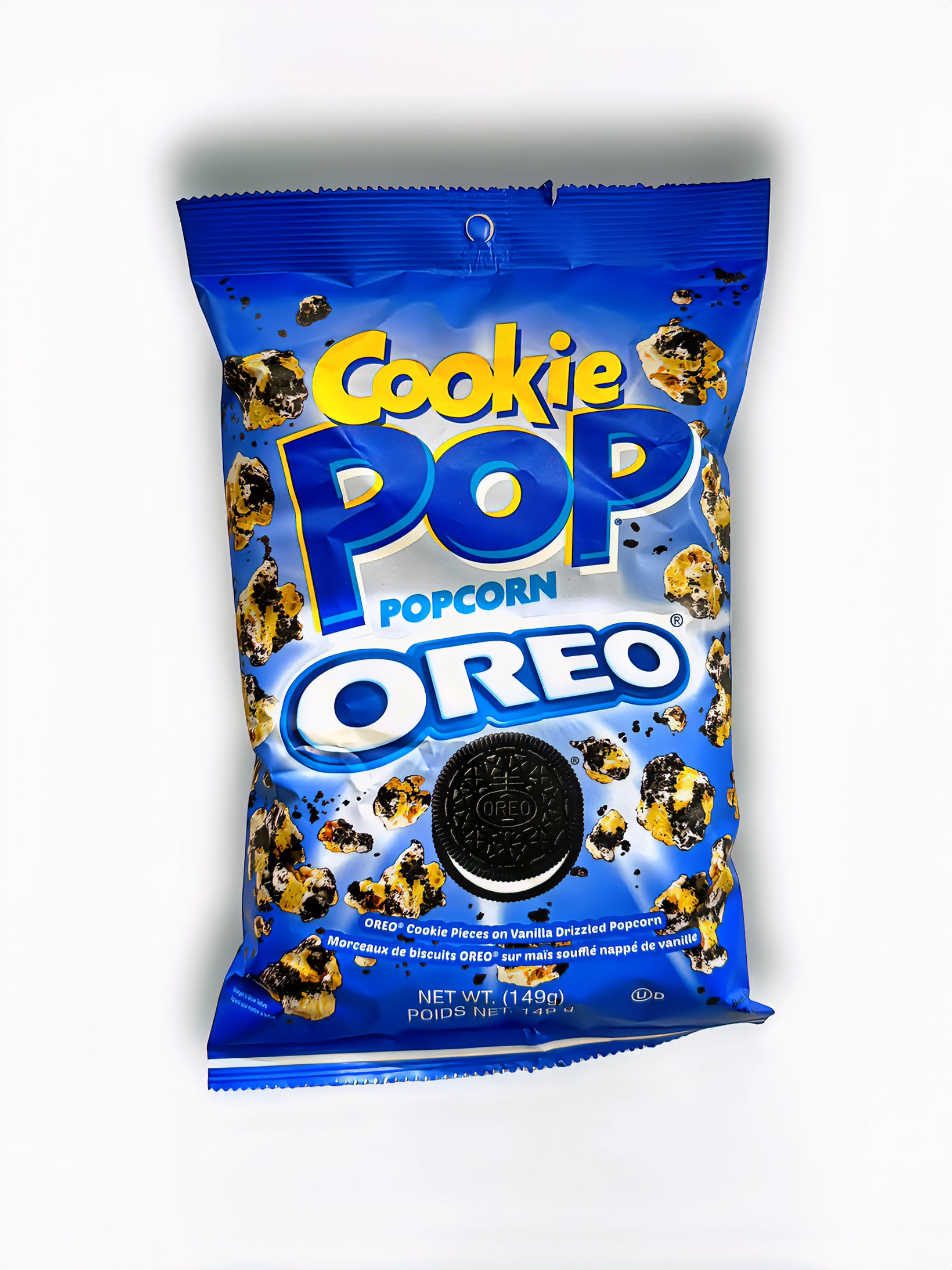 Cookies pop Oreo 149g Vorderseite blaue Verpackung mit bunter Schrift auf weißem Hintergrund 