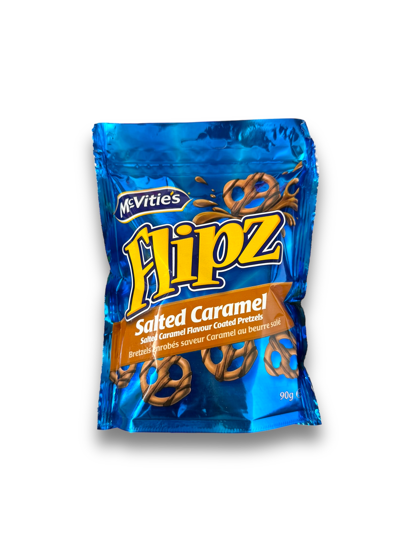 Flipz Salted Caramel 90g Vorderseite blaue Verpackung mit gelber Schrift und Abbildung Schokobrezel