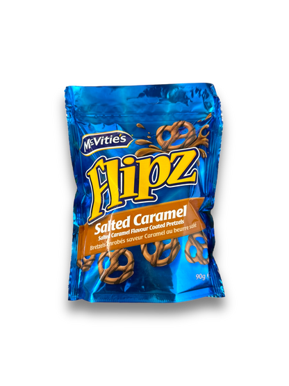 Flipz Salted Caramel 90g Vorderseite blaue Verpackung mit gelber Schrift und Abbildung Schokobrezel