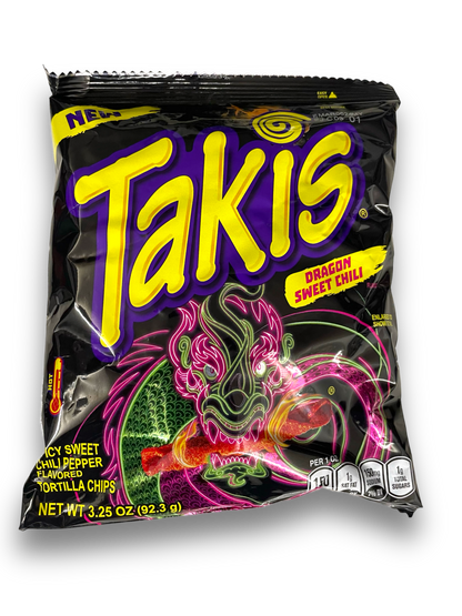 Takis Dragon Sweet Chili 90g Vorderseite schwarze Tüte mit gelber Schrift auf weißem Hintergrund 