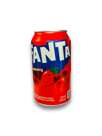 Fanta Strawberry USA 355ml rote Dose Vorderseite mit Fanta Schriftzug und Erdbeere Abbildung 