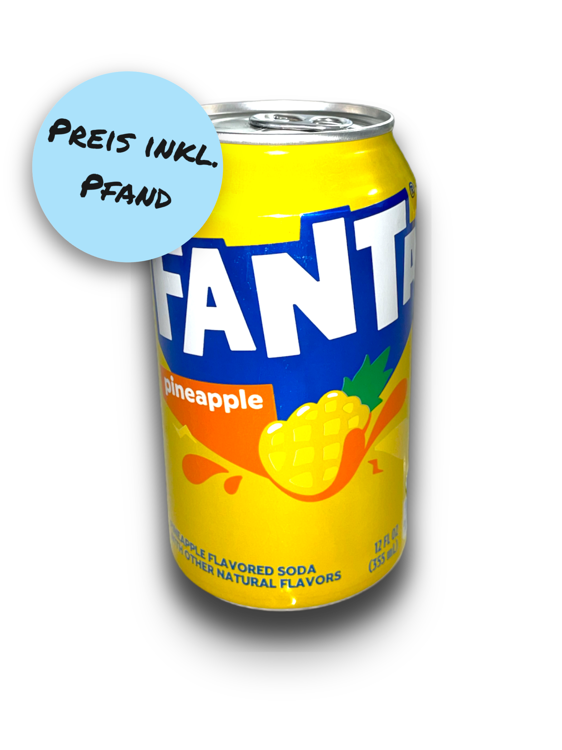 Fanta Pineapple 330ml gelbe Dose Vorderseite Fanta Schriftzug mit Ananas Abbildung 