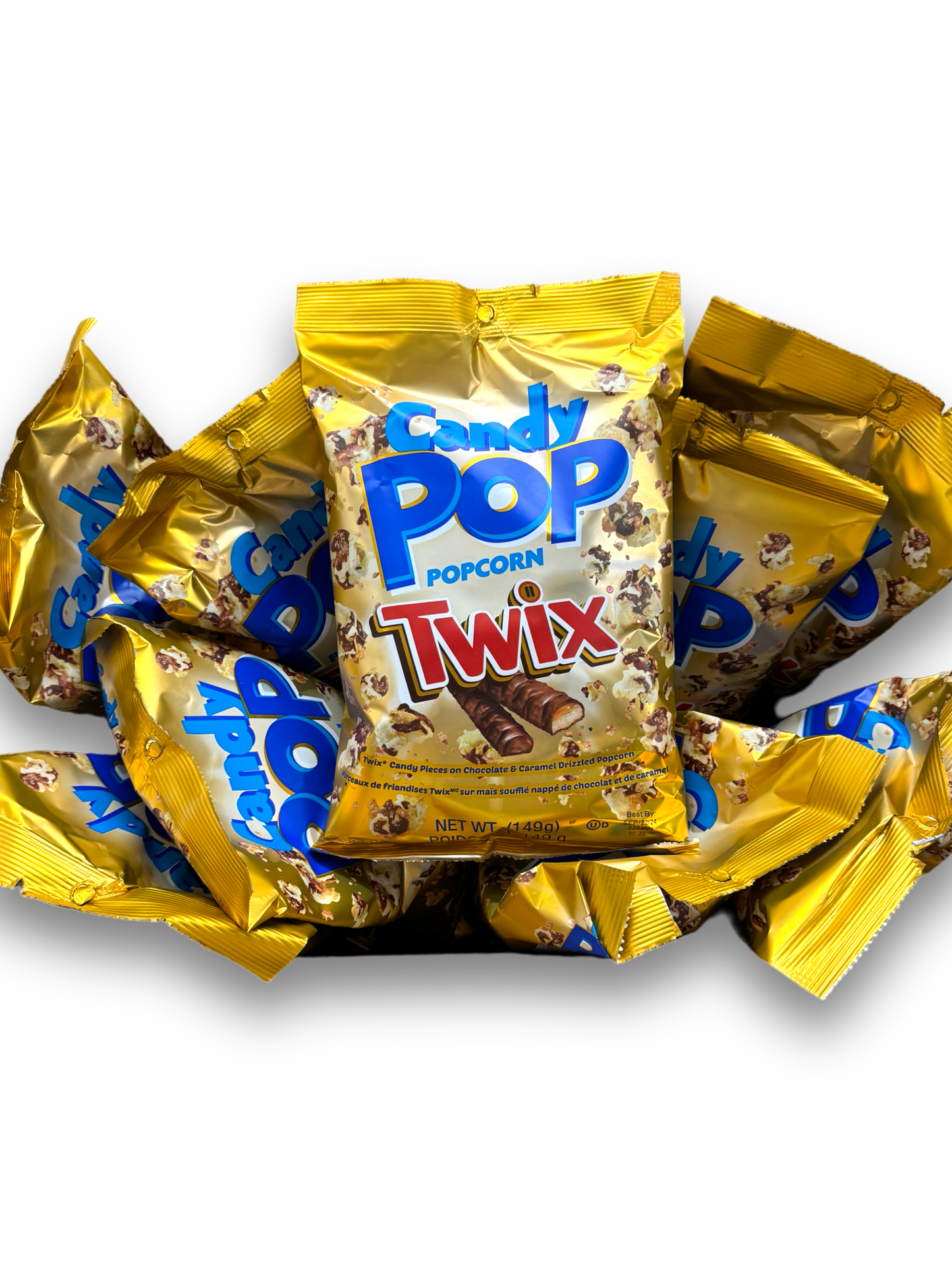 CandyPop Twix Popcorn 149g goldene Verpackung Vorderseite mit blauer Schrift 