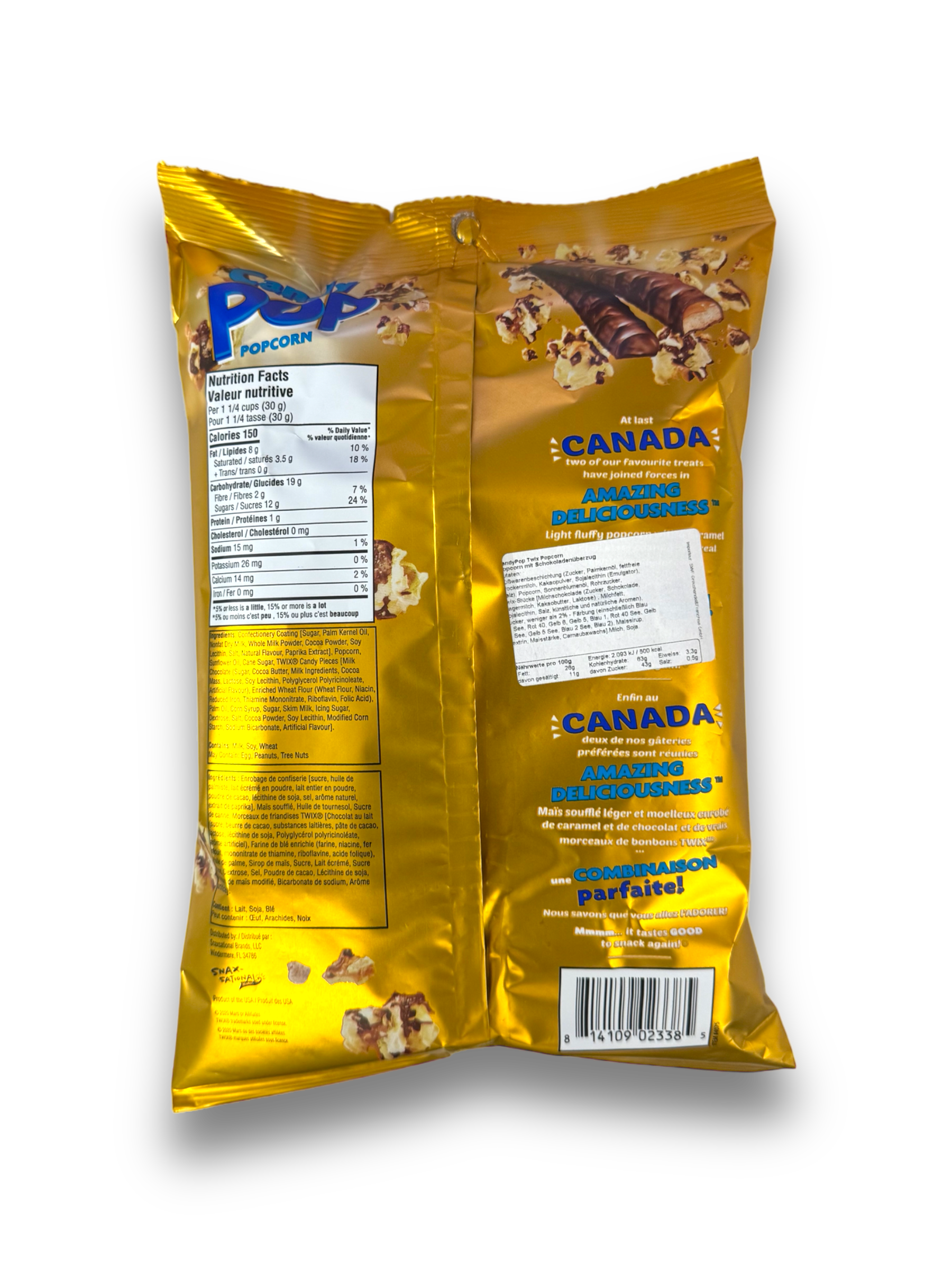 CandyPop Popcorn Twix 149g Rückseite goldene Verpackung mit Produktbeschreibung , weißer Hintergrund