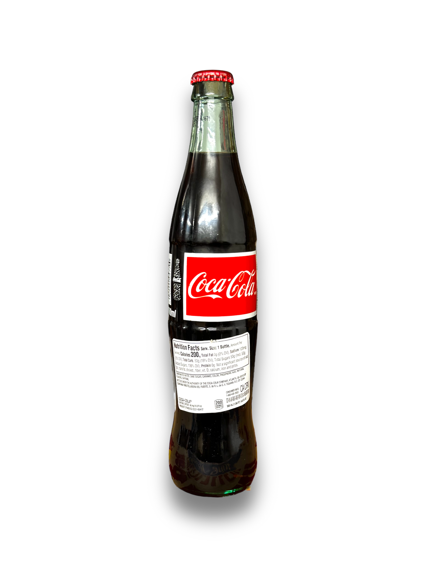 Mexican Cola 500ml Glasflasche Rückseite mit rotem Etikett und Produktbeschreibung 