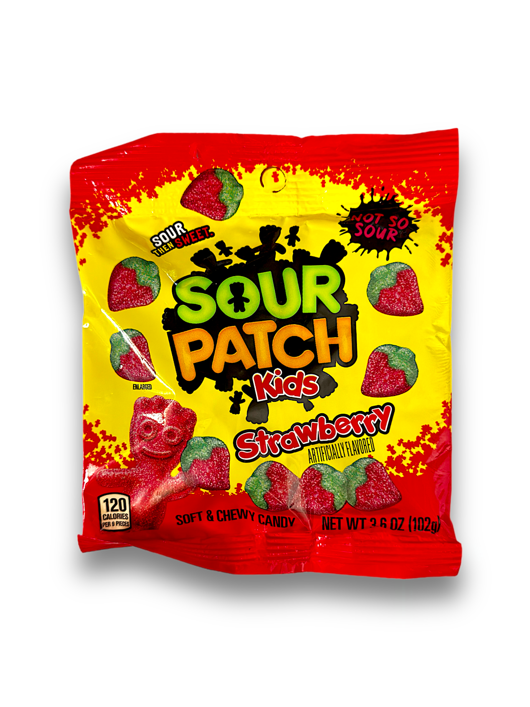 Vorderseite einer Packung Sour Patch Kids Strawberry, rote Verpackung mit dem Sour Patch Kids Logo