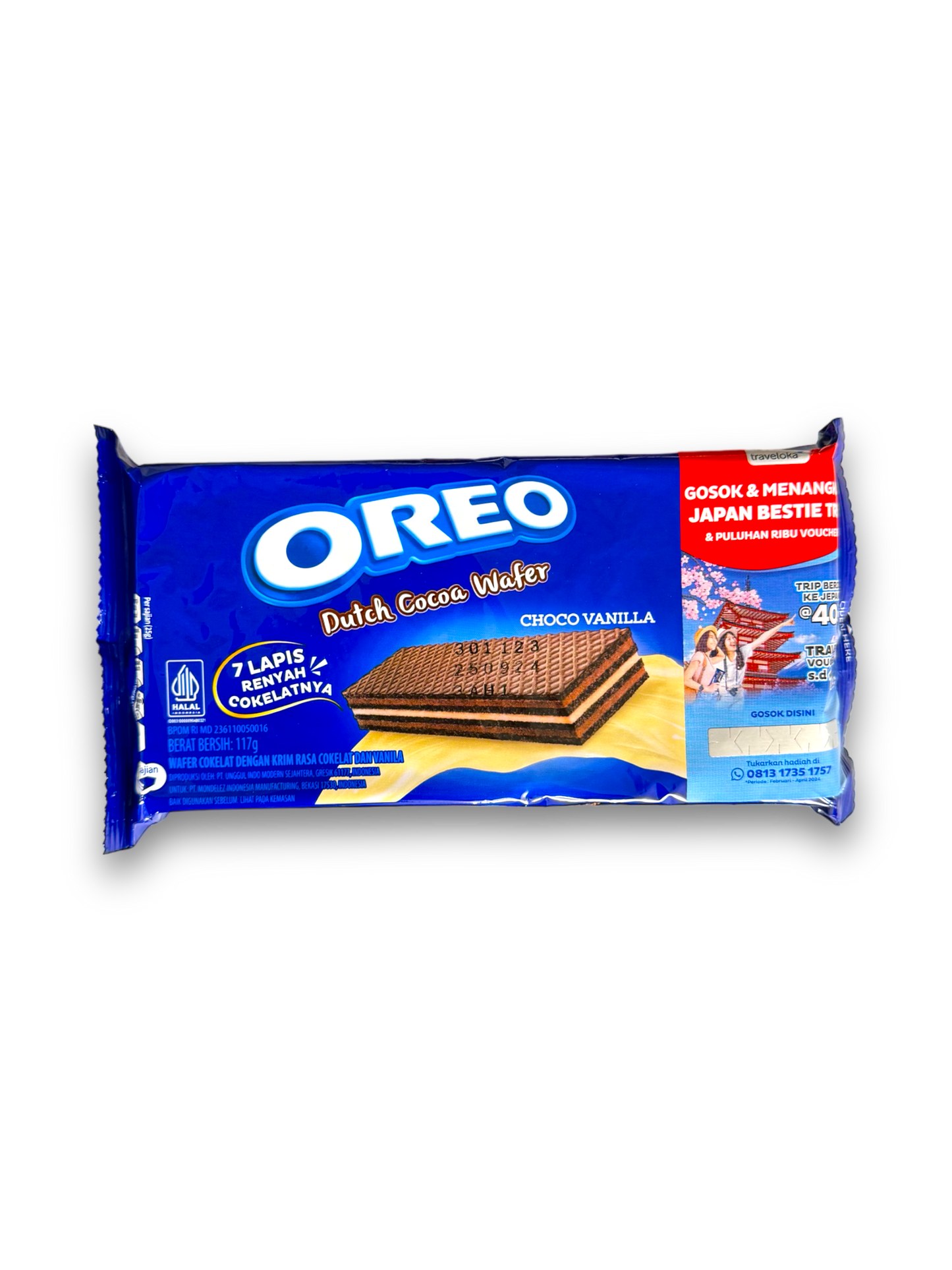 Oreo Wafer Dutch Choco Vanilla 117g Vorderseite blaue Verpackung mit weißer Schrift und Schokowaffel