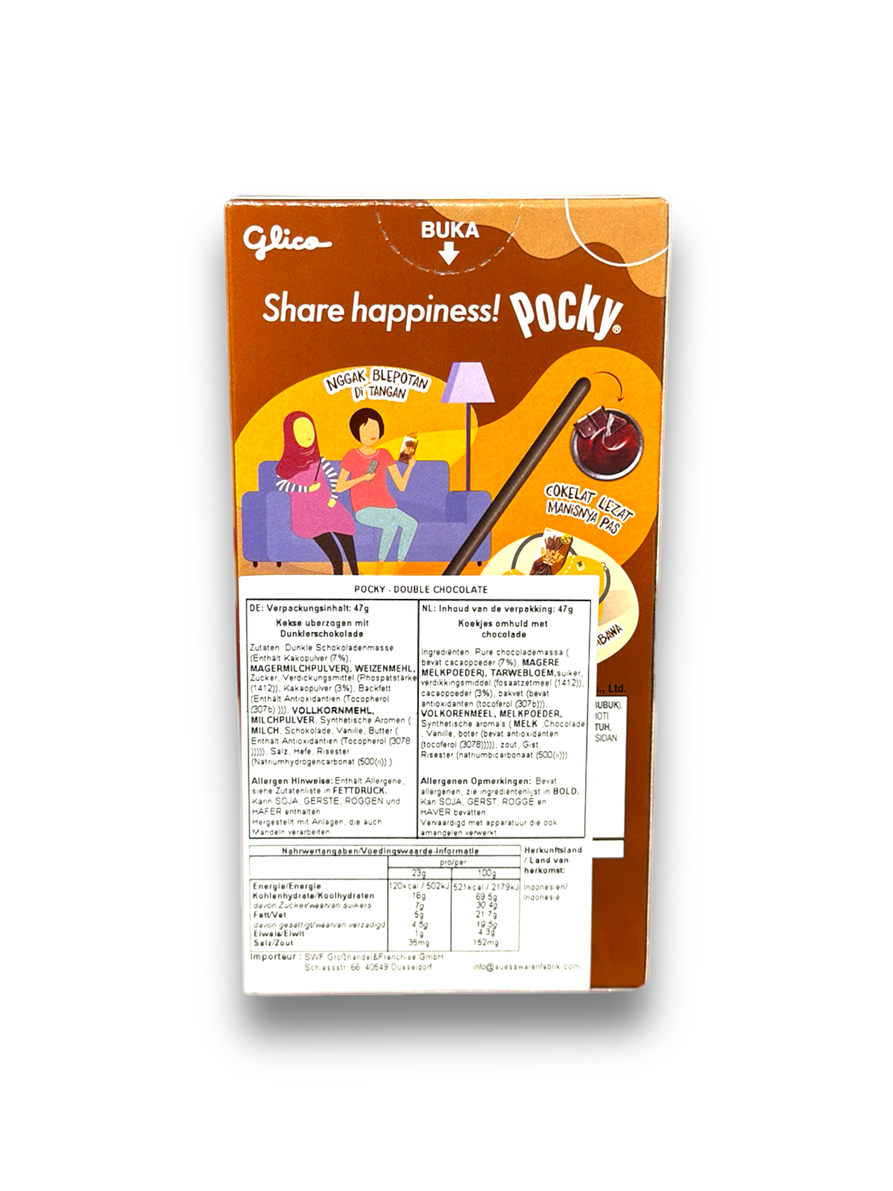 Pocky Double Chocolate 47g Rückseite weiß-braune Verpackung mit Produktbeschreibung