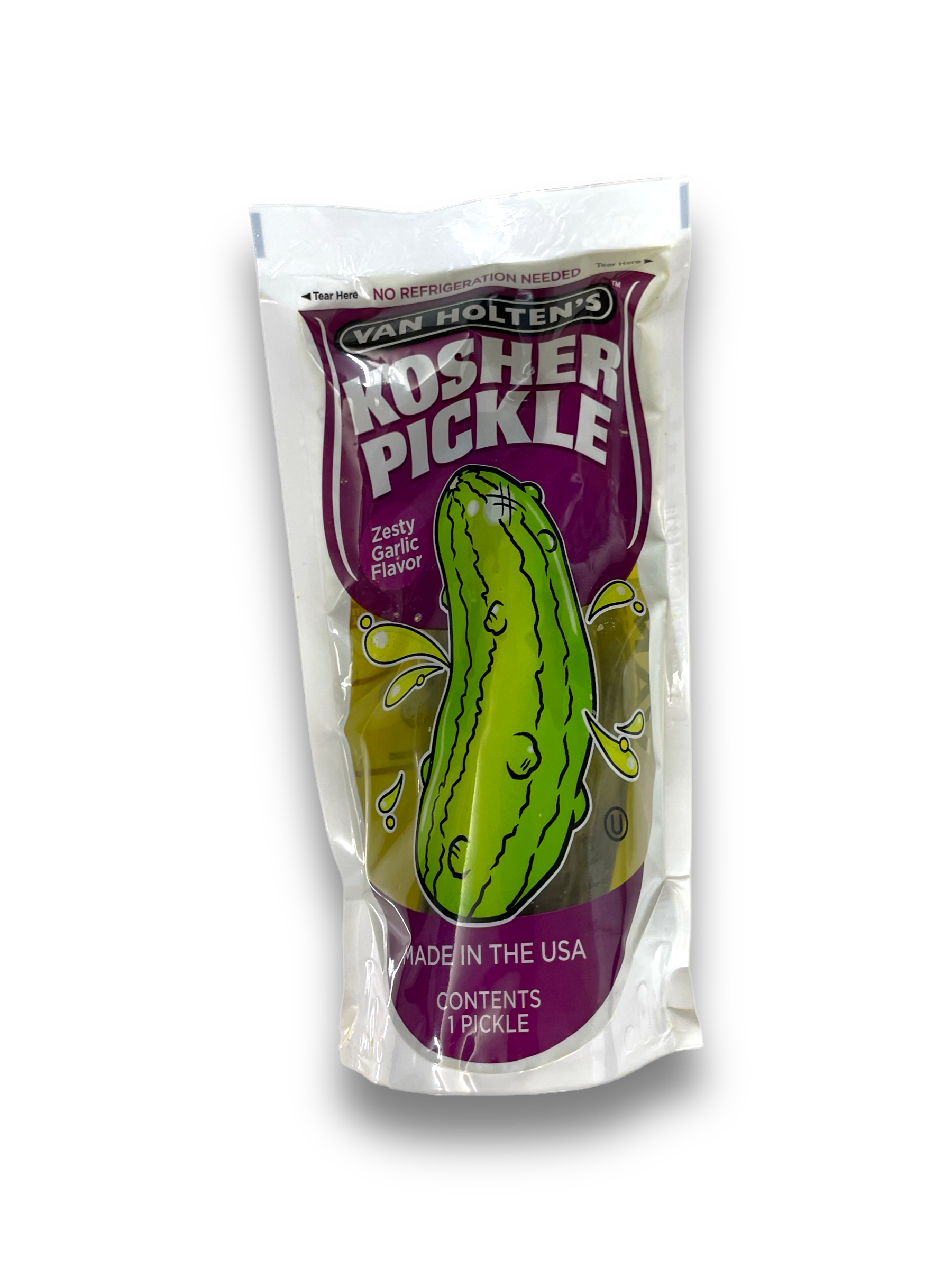 Van Holten's Kosher Garlic Pickle 140g Vorderseite mit Gurke auf weißem Hintergrund