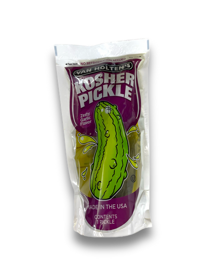 Van Holten's Kosher Garlic Pickle 140g Vorderseite mit Gurke auf weißem Hintergrund