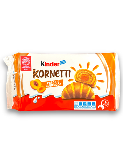 Kinder Kornetti Aprikose 252g Vorderseite weiß-rote Verpackung mit bunter Schrift und Bild Hörnchen