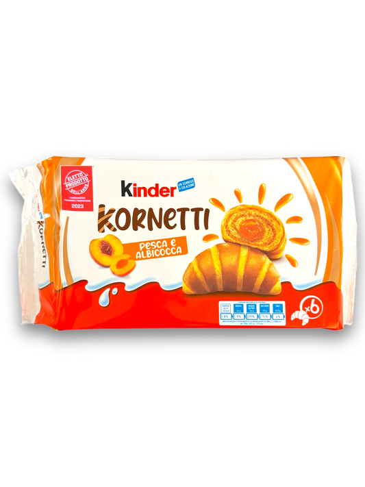 Kinder Kornetti Aprikose 252g Vorderseite weiß-rote Verpackung mit bunter Schrift und Bild Hörnchen