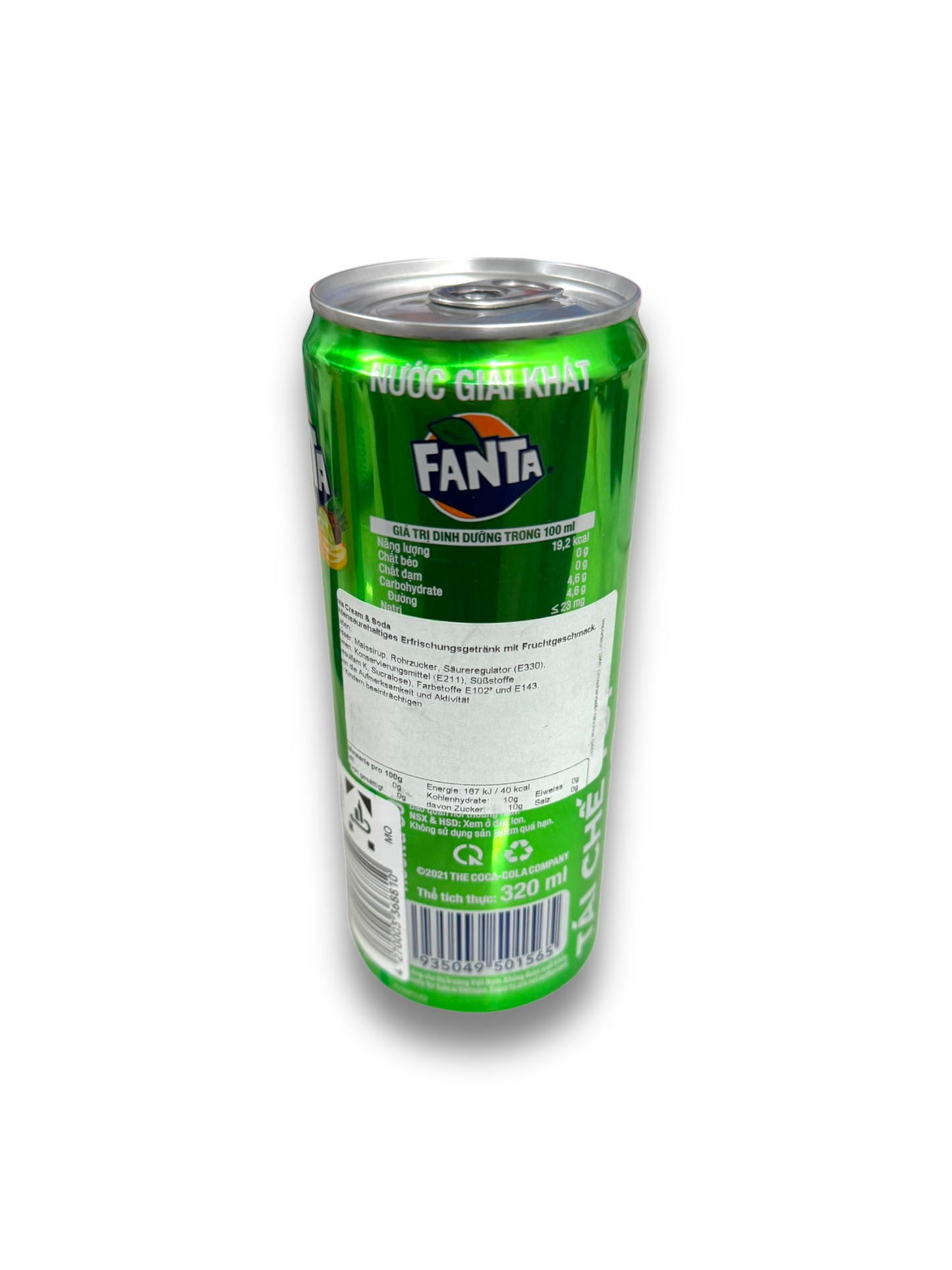 Fanta Cream & Soda 320ml Rückseite bunte Dose mit Produktbeschreibung