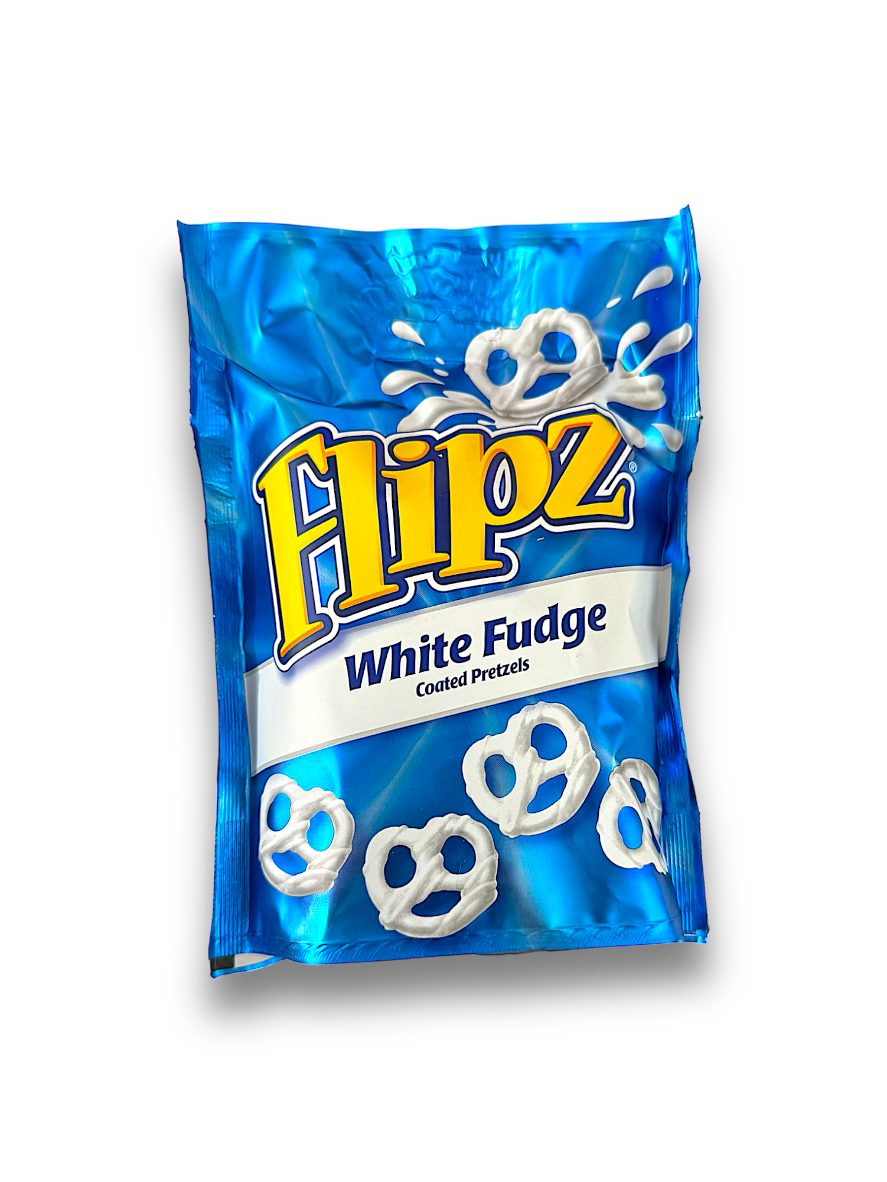 Flipz White Fudge Vorderseite blaue Verpackung mit gelber Schrift und schokobrezel