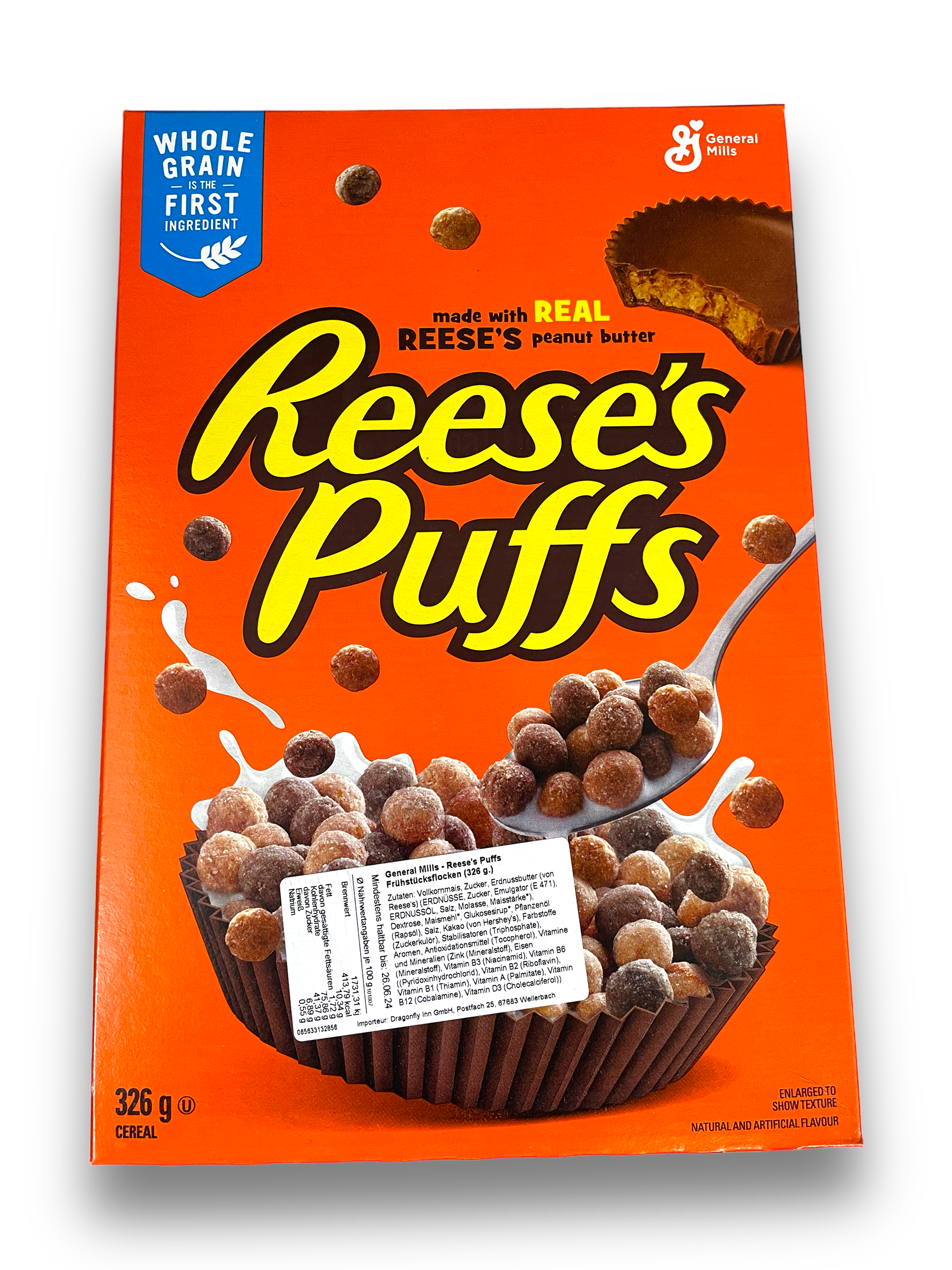 General Mills - Reese's Puffs Frühstücksflocken 326g Vorderseite orangene Verpackung mit Abbildung