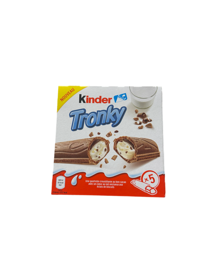 Kinder Tronky 90g Vorderseite bunte Verpackung mit bunter Schrift und Abbildung Schokoriegel 